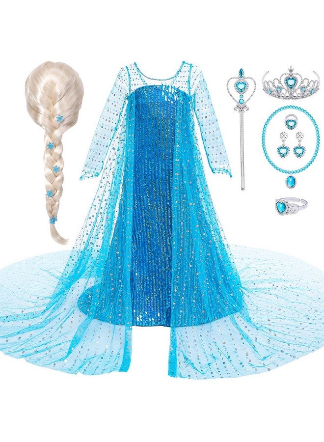 Girls Elsa Frozen Dress Costume Princess Dress Up Clothes With Long Cape Kids Toddler Wig Crown Wand Jewelry Necklace Accessories Halloween Cosplay Birthday Party Supplies
