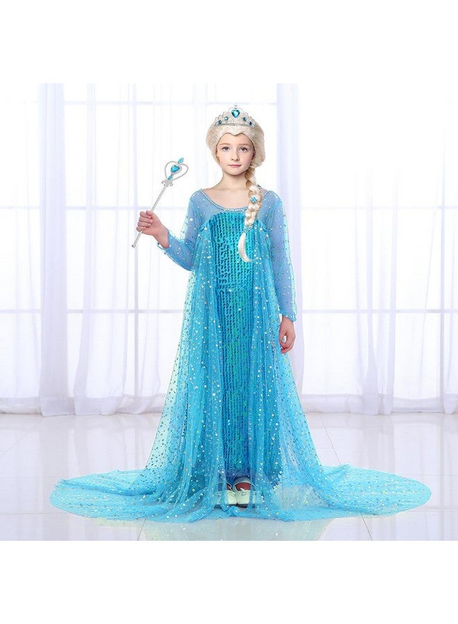 Girls Elsa Frozen Dress Costume Princess Dress Up Clothes With Long Cape Kids Toddler Wig Crown Wand Jewelry Necklace Accessories Halloween Cosplay Birthday Party Supplies