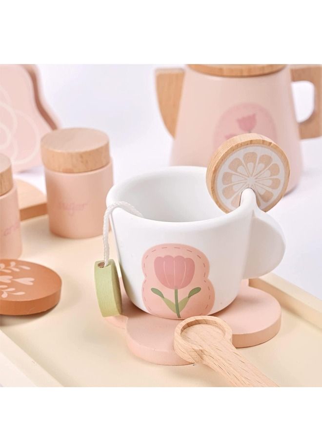 Wooden Tea Set for Little Girls Wooden Toys Toddler Tea Set Play Kitchen Accessories for Kids Tea Party with Play Food Montessori Toys for 3 Year Old