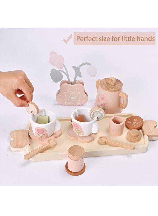 Wooden Tea Set for Little Girls Wooden Toys Toddler Tea Set Play Kitchen Accessories for Kids Tea Party with Play Food Montessori Toys for 3 Year Old