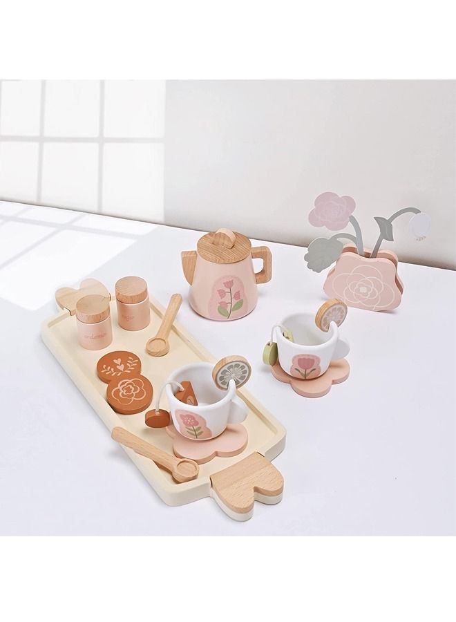 Wooden Tea Set for Little Girls Wooden Toys Toddler Tea Set Play Kitchen Accessories for Kids Tea Party with Play Food Montessori Toys for 3 Year Old