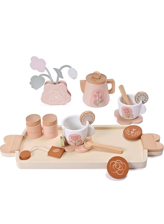 Wooden Tea Set for Little Girls Wooden Toys Toddler Tea Set Play Kitchen Accessories for Kids Tea Party with Play Food Montessori Toys for 3 Year Old