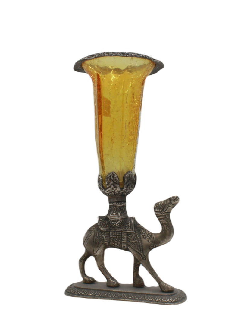 Persian Handmade White Metal Camel Candle Stand Crack Glass