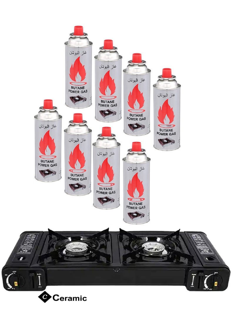Portable Camping Gas Stove Double Burner Outdoor Automatic Ignition System Enamel Pan Support With 8 Piece Butane Gas