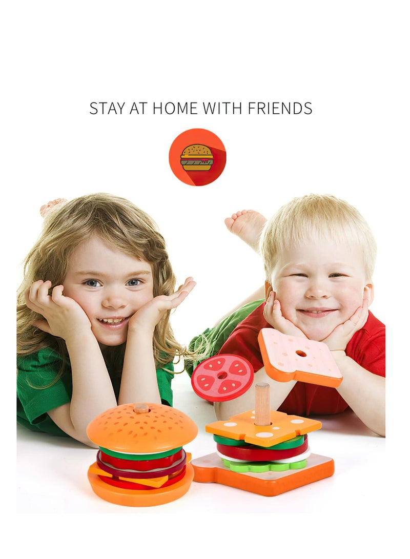 Wooden Burger Sandwich Stacking Toys for Kids, Play Fake Food Toy Toddlers, Montessori 3 Year Old, Preschool Educational to Develop Fine Motor Skills