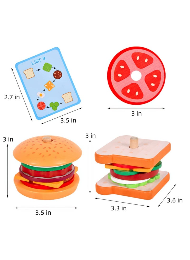 Wooden Burger Sandwich Stacking Toys for Kids, Play Fake Food Toy Toddlers, Montessori 3 Year Old, Preschool Educational to Develop Fine Motor Skills