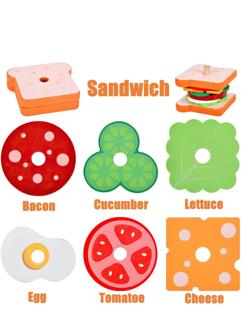 Wooden Burger Sandwich Stacking Toys for Kids, Play Fake Food Toy Toddlers, Montessori 3 Year Old, Preschool Educational to Develop Fine Motor Skills