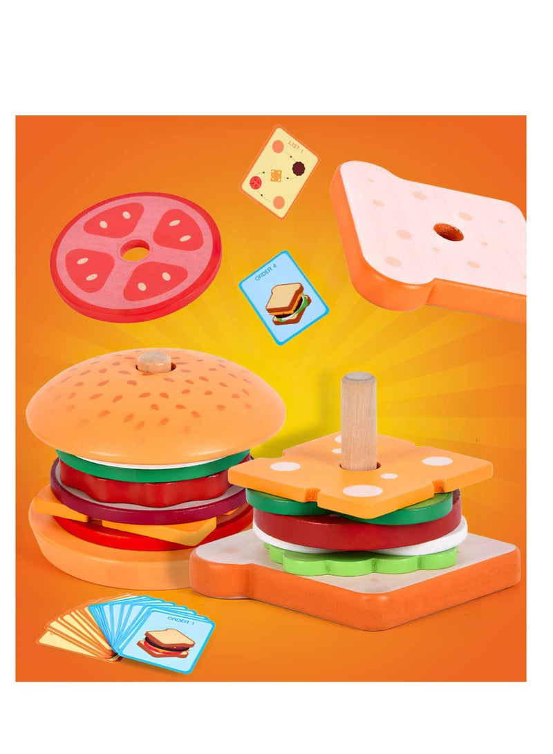 Wooden Burger Sandwich Stacking Toys for Kids, Play Fake Food Toy Toddlers, Montessori 3 Year Old, Preschool Educational to Develop Fine Motor Skills
