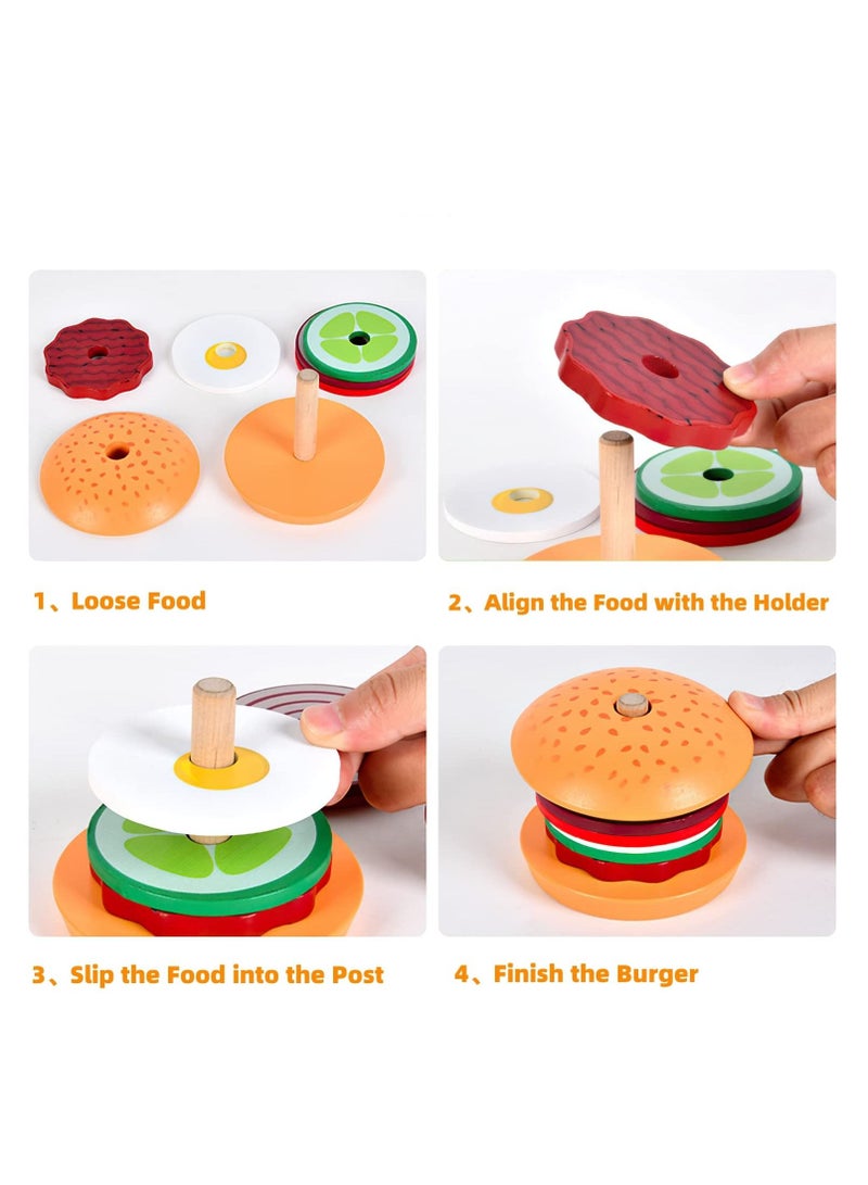 Wooden Burger Sandwich Stacking Toys for Kids, Play Fake Food Toy Toddlers, Montessori 3 Year Old, Preschool Educational to Develop Fine Motor Skills