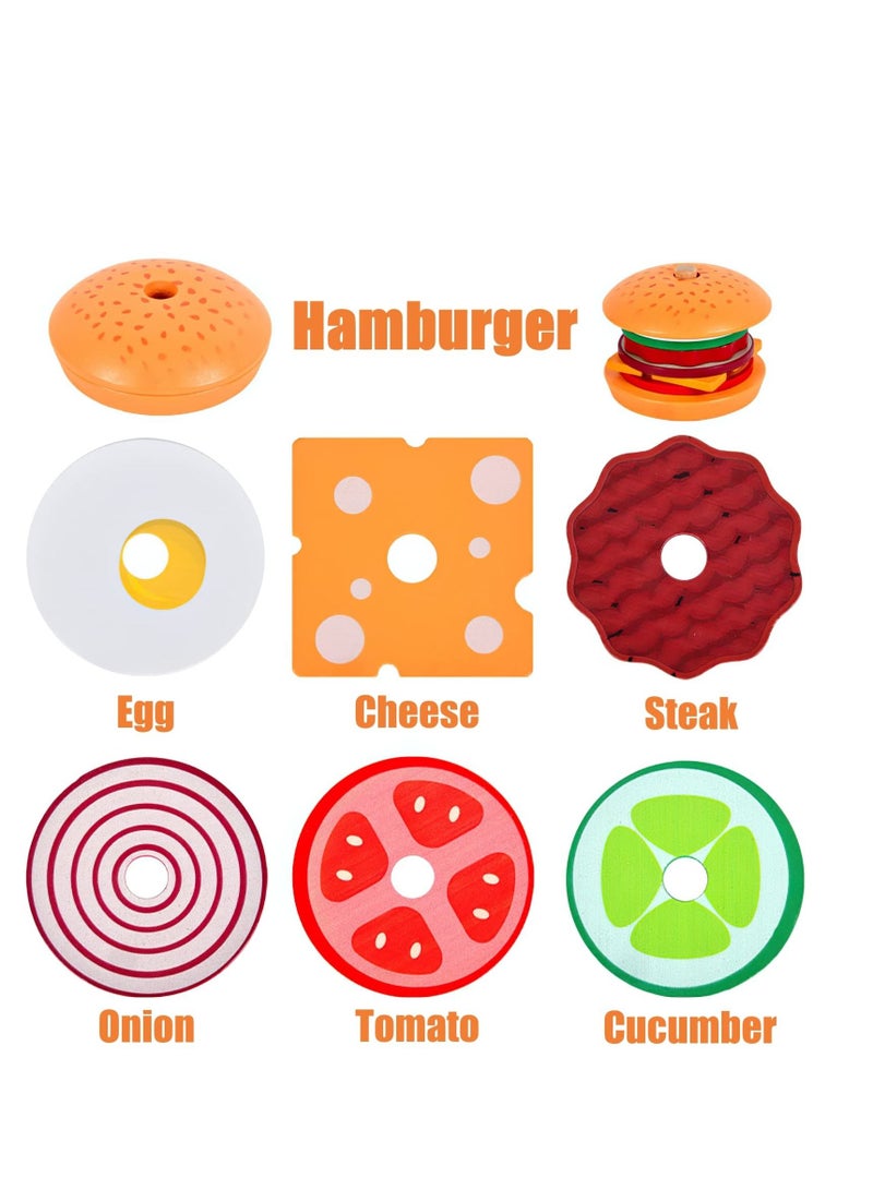 Wooden Burger Sandwich Stacking Toys for Kids, Play Fake Food Toy Toddlers, Montessori 3 Year Old, Preschool Educational to Develop Fine Motor Skills