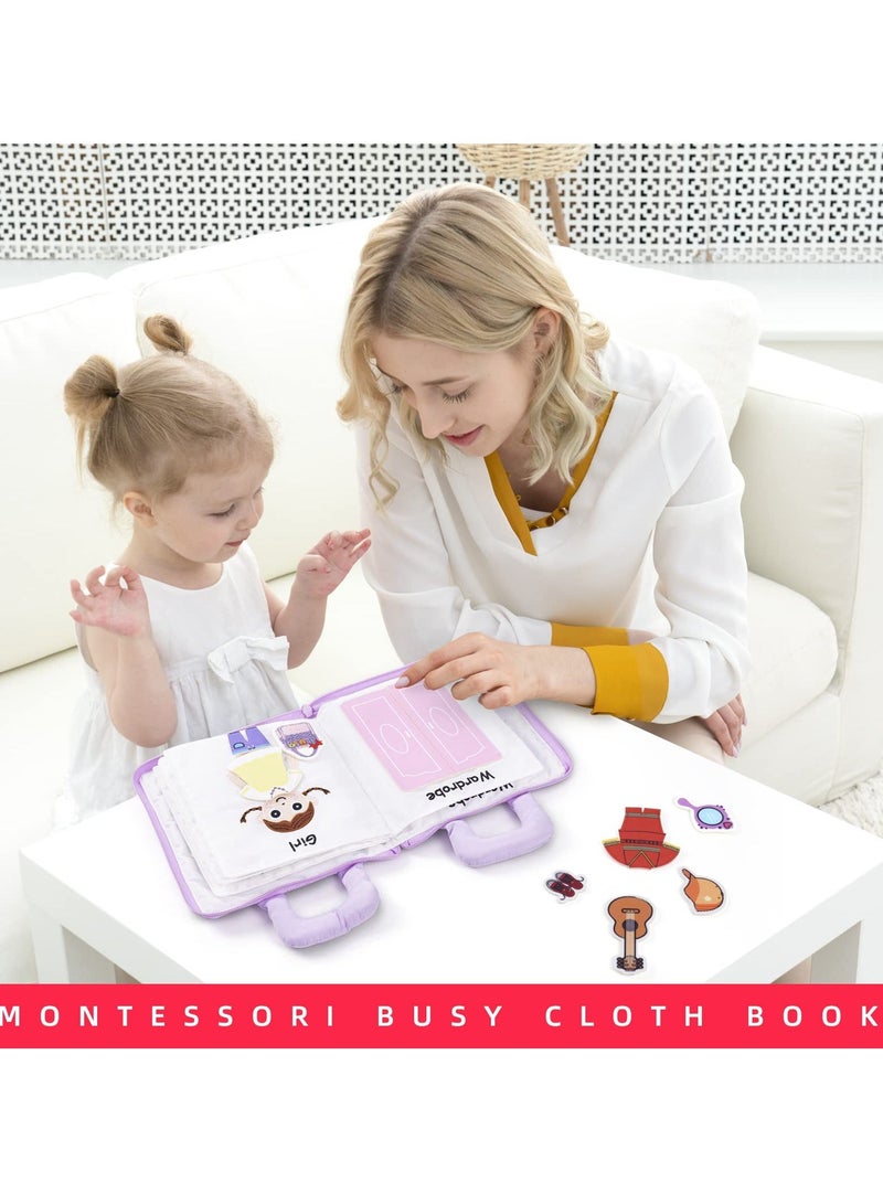 Montessori Activity Quiet Book - Travel Toy Cloth for Toddlers 10 Topics, Activities Early Learning How to Basic Life Skills Toddlers, Interactive Busy Boys and Girls (Purple)