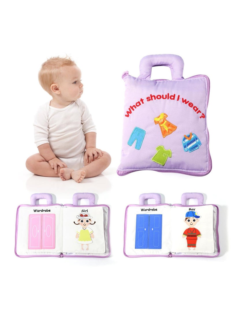 Montessori Activity Quiet Book - Travel Toy Cloth for Toddlers 10 Topics, Activities Early Learning How to Basic Life Skills Toddlers, Interactive Busy Boys and Girls (Purple)