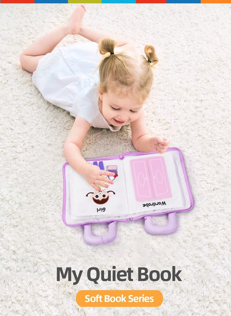 Montessori Activity Quiet Book - Travel Toy Cloth for Toddlers 10 Topics, Activities Early Learning How to Basic Life Skills Toddlers, Interactive Busy Boys and Girls (Purple)