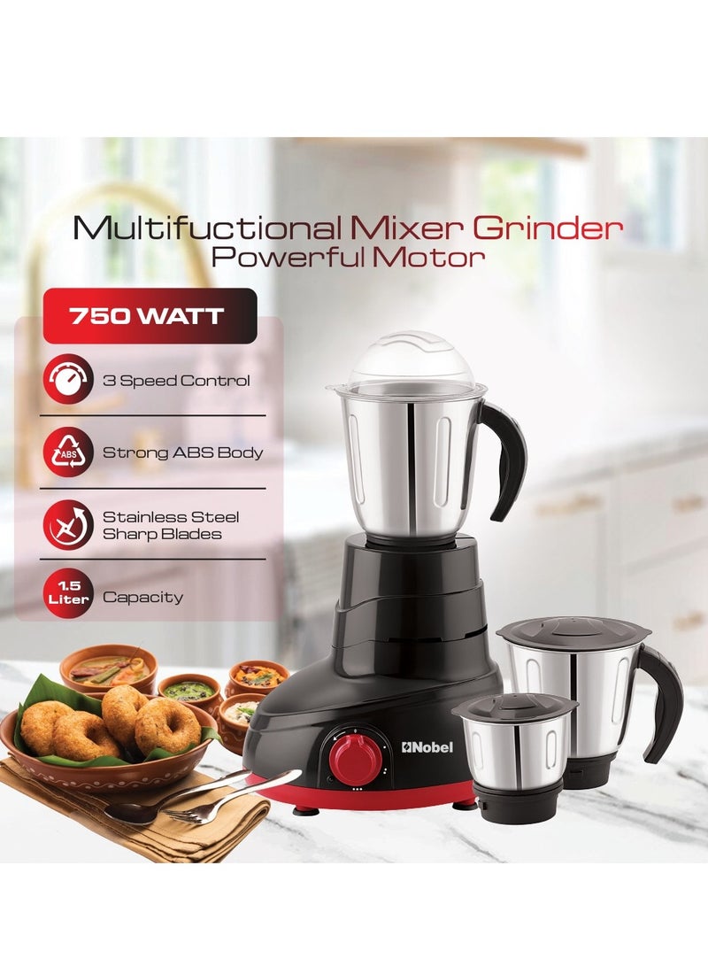 3 in 1 Mixer Grinder With Stainless Steel Sharp Blades and Heavy Duty Motor | Water Drain System | 3 Stainless Steel Jar | Overload Protector with 1.5 L 750 W NB305SS Black/Red 1.5 L 750 W NB305SS Black/Red
