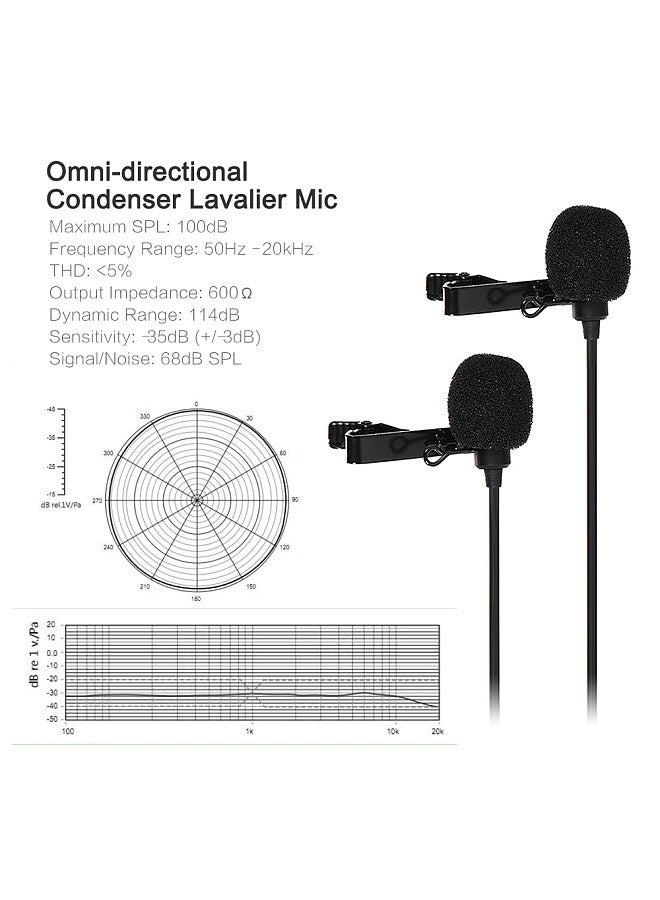 Comica CVM-D02 Dual-head Lavalier Lapel Microphone Clip-on Omnidirectional Condenser Mic Cable Length 6m/19.7ft Compatible