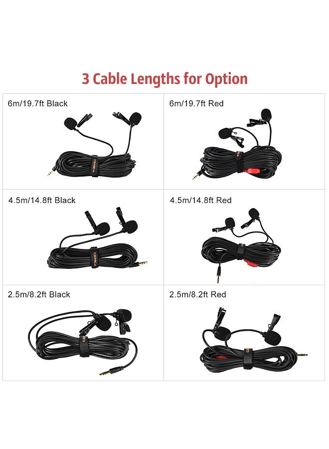 Comica CVM-D02 Dual-head Lavalier Lapel Microphone Clip-on Omnidirectional Condenser Mic Cable Length 6m/19.7ft Compatible