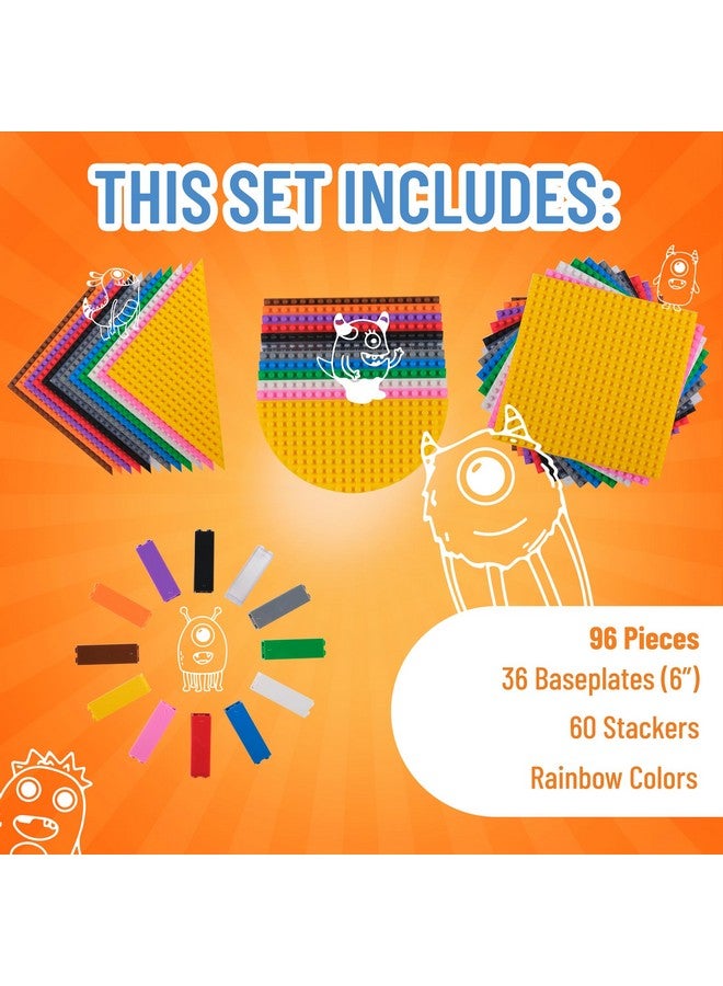 Classic Stackable Baseplates Building Bricks For Towers 100% Compatible With All Major Brands Half Circle Triangle & Square Rainbow Colors 36 Base Plates & 60 Stackers 6X6 Inches