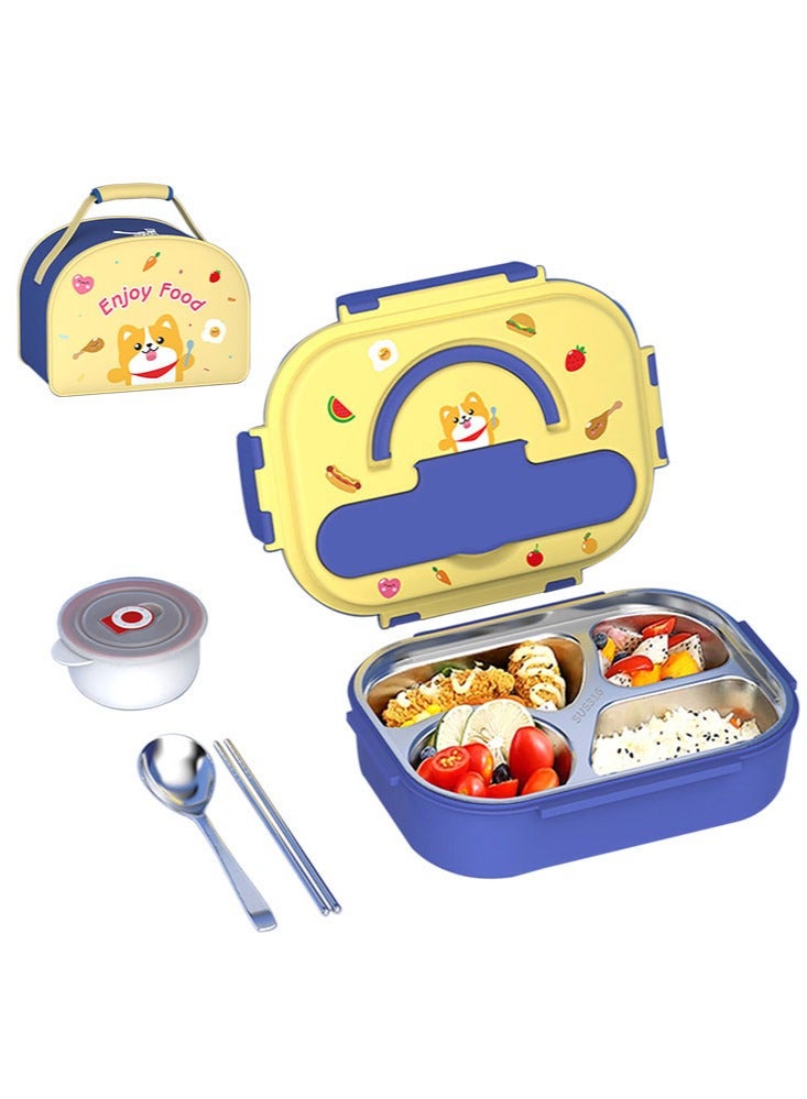 Stainless Steel Bento Box with Soup Bowl and Bag Leakproof Lunch Box for Kids School Food Storage Container 4 Compartments Divided 1550ML