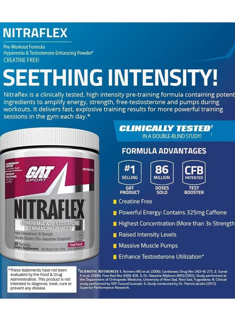 GAT Sport Nitraflex Hyperemia & Testosterone Enhancing Powder, Fruit Punch Flavor, 300g