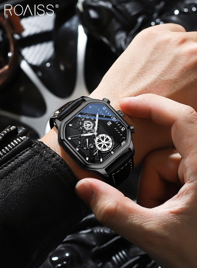 Men's Leather Strap Quartz Watch Square Dial Chronograph Waterproof Luminous Wristwatch as Gift for Men