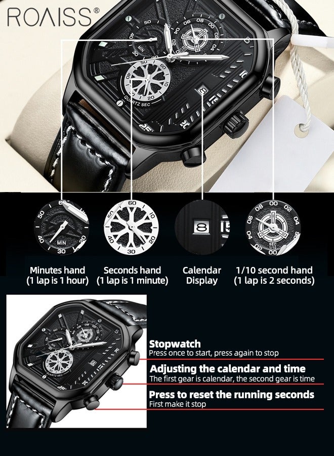 Men's Leather Strap Quartz Watch Square Dial Chronograph Waterproof Luminous Wristwatch as Gift for Men