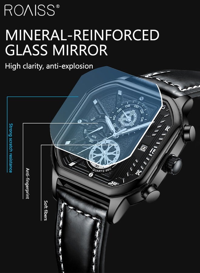 Men's Leather Strap Quartz Watch Square Dial Chronograph Waterproof Luminous Wristwatch as Gift for Men