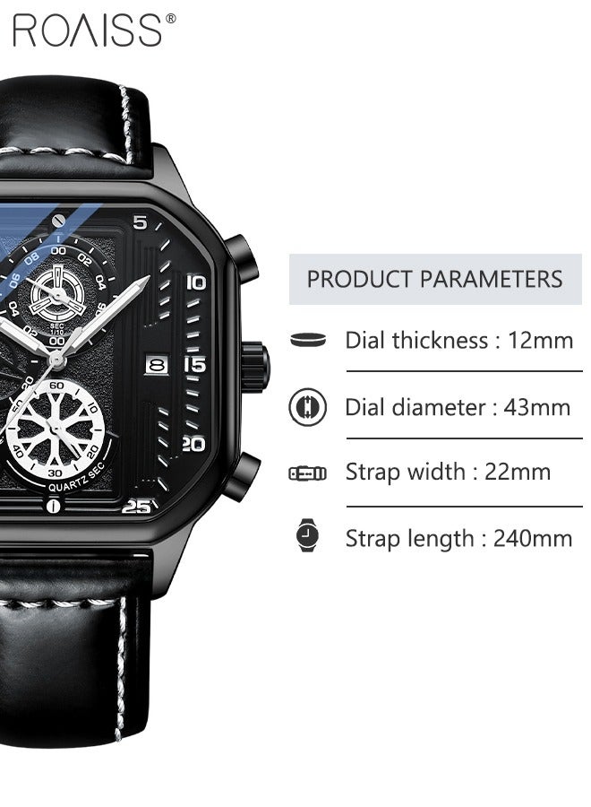 Men's Leather Strap Quartz Watch Square Dial Chronograph Waterproof Luminous Wristwatch as Gift for Men