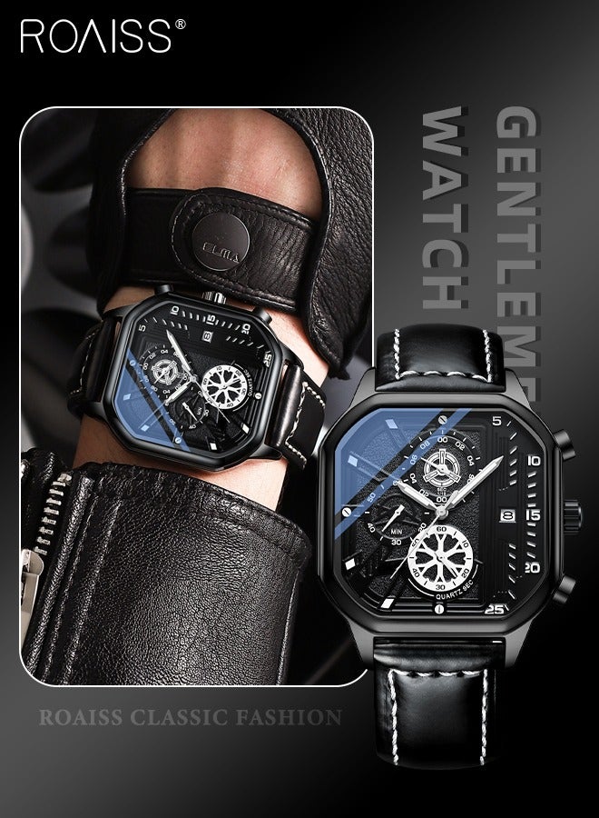 Men's Leather Strap Quartz Watch Square Dial Chronograph Waterproof Luminous Wristwatch as Gift for Men