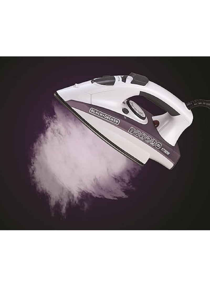 Steam Iron - Ceramic Coated Soleplate With Anti Calc Drip Self Clean And Auto Shutoff - Removes Stubborn Creases Quickly Easily 250 ml 1750 W X1750 White/Purple