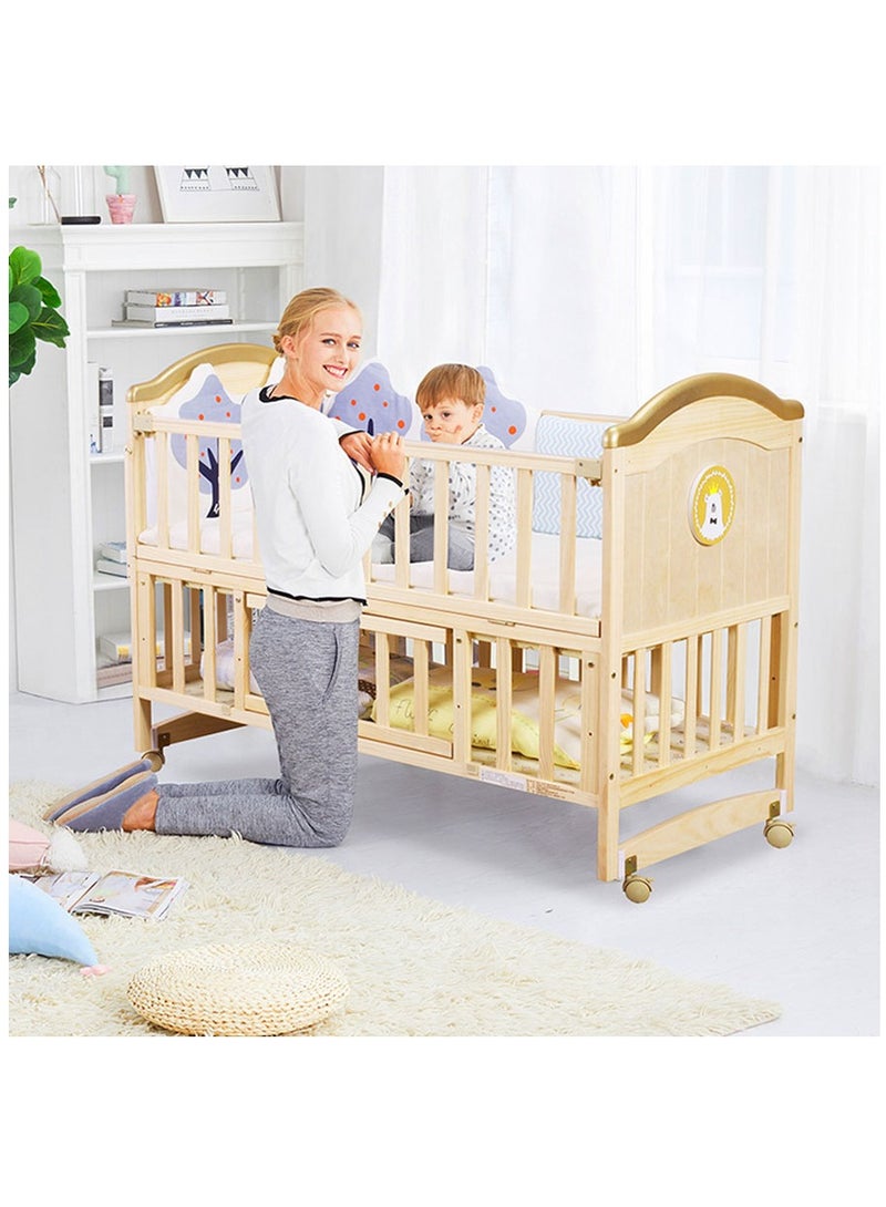 Solid Wood Crib Multifunctional Solid Wood Paint Free Crib Portable Easy To Assemble, With Wheels,100*56cm