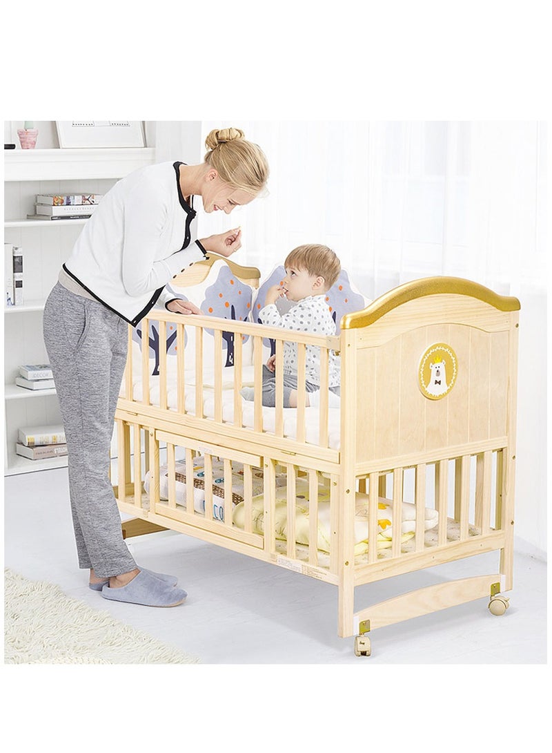 Solid Wood Crib Multifunctional Solid Wood Paint Free Crib Portable Easy To Assemble, With Wheels,100*56cm