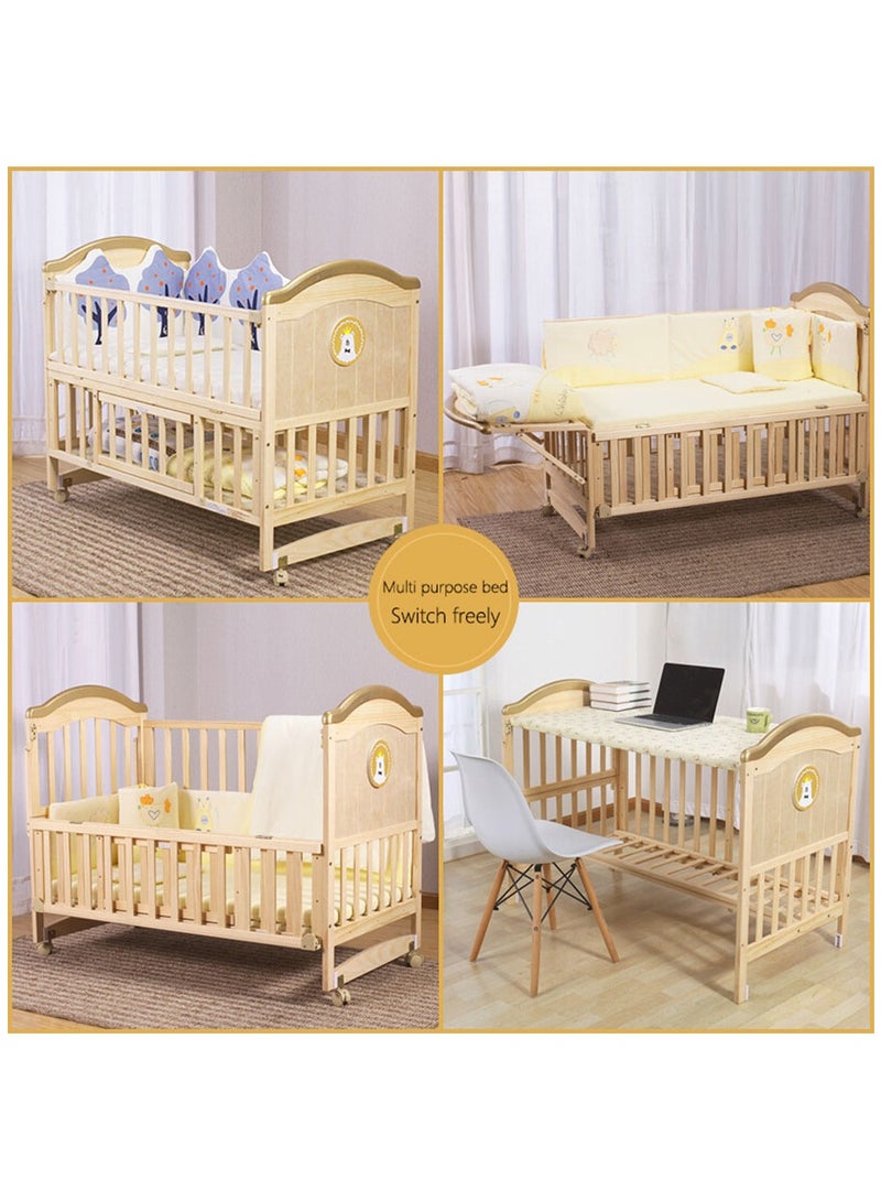 Solid Wood Crib Multifunctional Solid Wood Paint Free Crib Portable Easy To Assemble, With Wheels,100*56cm