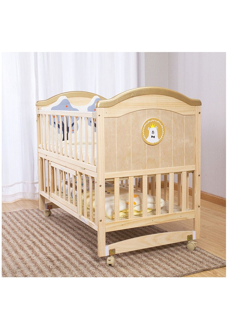 Solid Wood Crib Multifunctional Solid Wood Paint Free Crib Portable Easy To Assemble, With Wheels,100*56cm