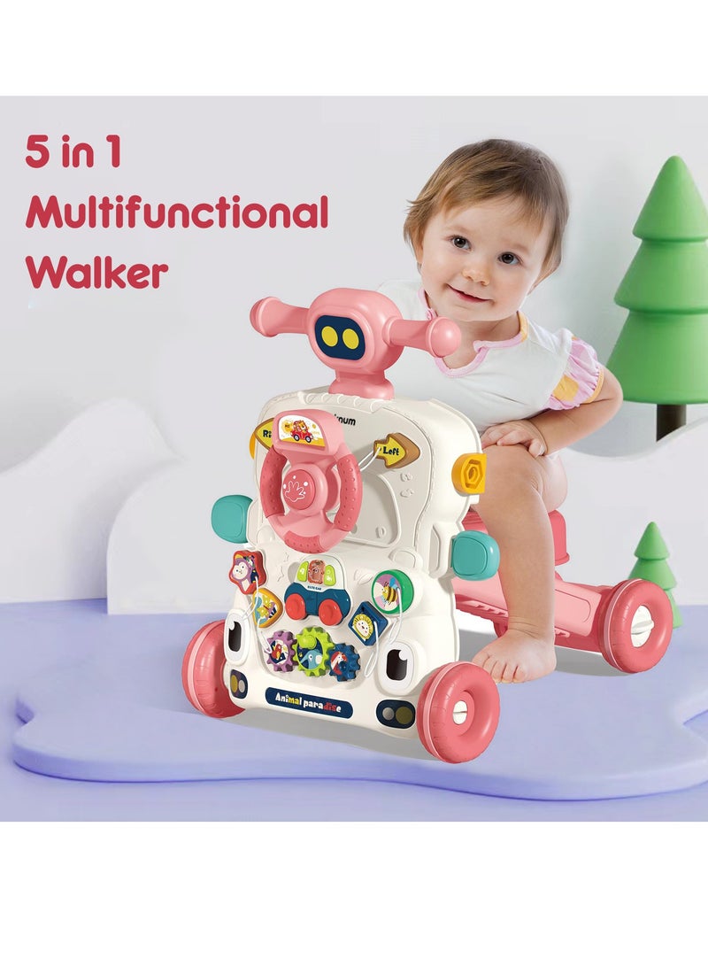 5 in 1 Baby Walker, Learning Table Mode, Game Panel Mode, Scooter Mode, Roller Coaster Mode With Musical keyboard - Pink