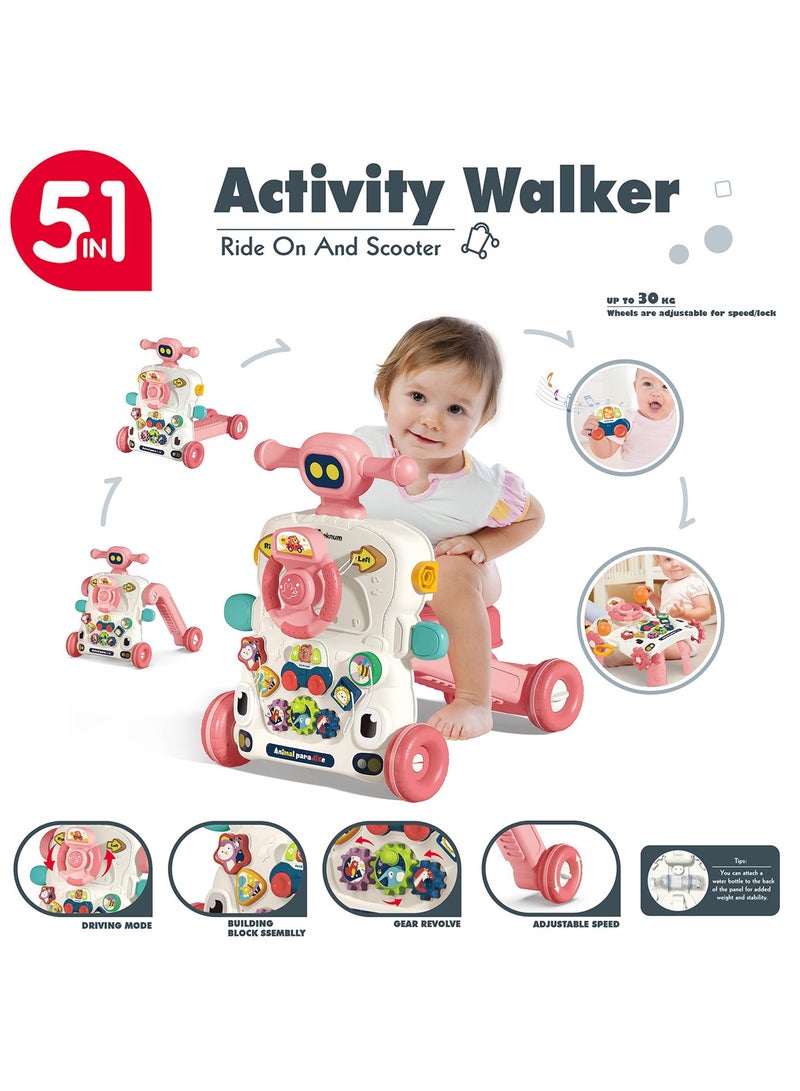 5 in 1 Baby Walker, Learning Table Mode, Game Panel Mode, Scooter Mode, Roller Coaster Mode With Musical keyboard - Pink