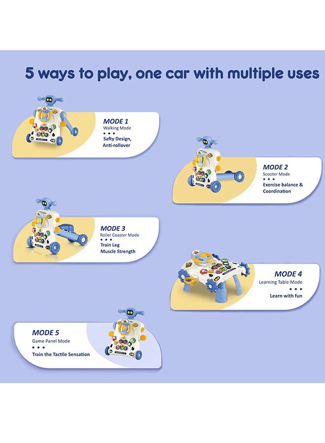 5 in 1 Baby Walker, Learning Table Mode, Game Panel Mode, Scooter Mode, Roller Coaster Mode With Musical keyboard - Blue