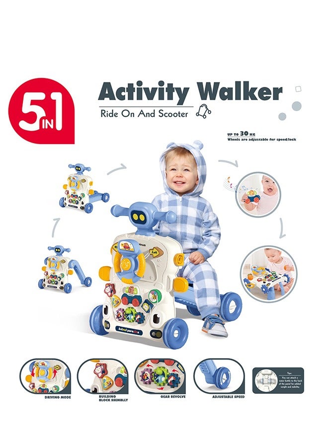 5 in 1 Baby Walker, Learning Table Mode, Game Panel Mode, Scooter Mode, Roller Coaster Mode With Musical keyboard - Blue