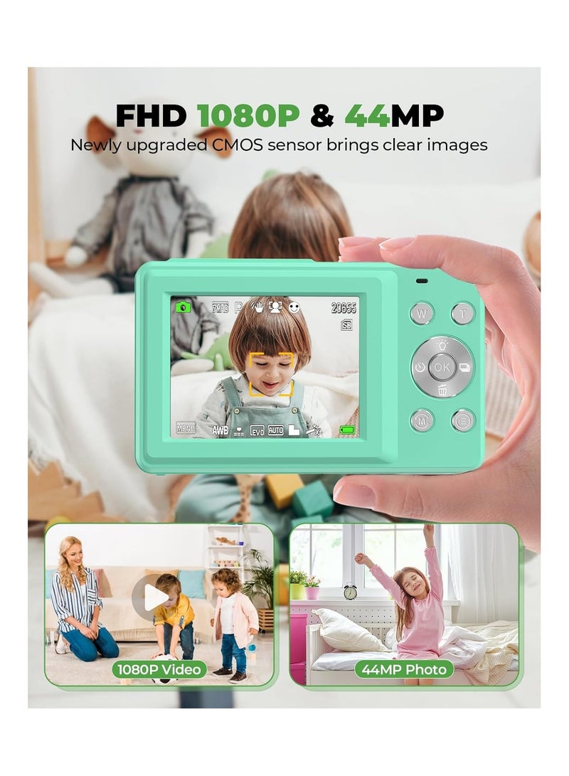 Portable 1080P Digital Camera Video Camcorder 44MP Auto Focus 2.5 IPS Screen 16X Digital Zoom Anti-shake Face Detect Smile Capture with 32GB Memory Card