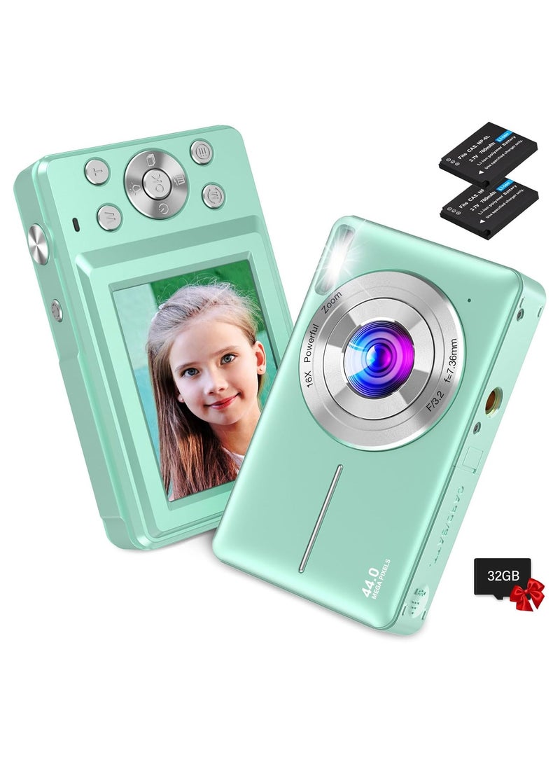 Portable 1080P Digital Camera Video Camcorder 44MP Auto Focus 2.5 IPS Screen 16X Digital Zoom Anti-shake Face Detect Smile Capture with 32GB Memory Card