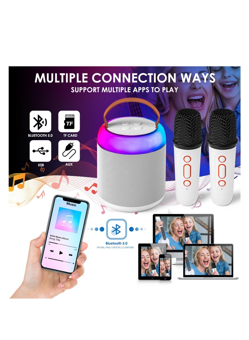 Mini Karaoke Machine, with 2 Wireless Microphones, for Kids Adults, Playing Long Time, Portable Bluetooth Speaker Toy for Girls and Boys 2-12 Year Old, Girl Birthday Gift Home Party Ideas (White)