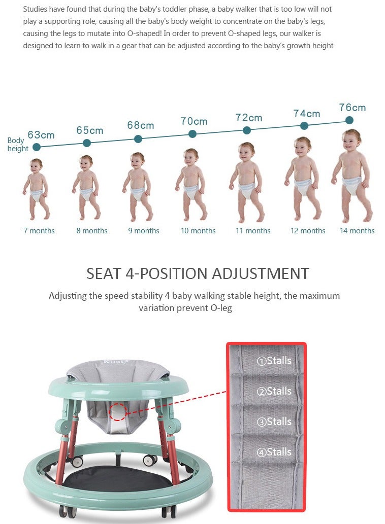 Arabest Baby Walker on Wheels, Activity Center Anti-Rollover with Quiet Wheels, 5 Positions Height Adjustable Foldable Baby Walker, Boys and Girls 6-18 Months, with Footrest, Green