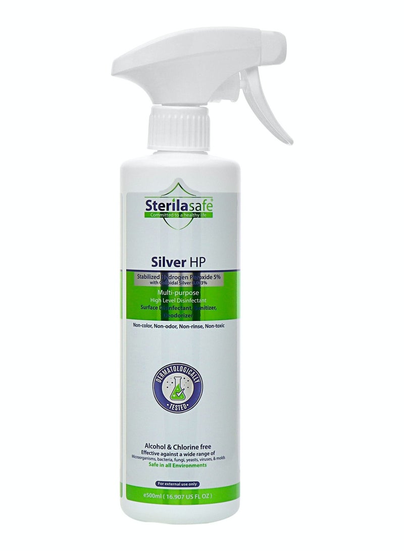 Sterilasafe Silver Hp Oxygen H2O2 Hydrogen Peroxide 5% with Colloidal Silver High-Level Surface Disinfectant 500 ml