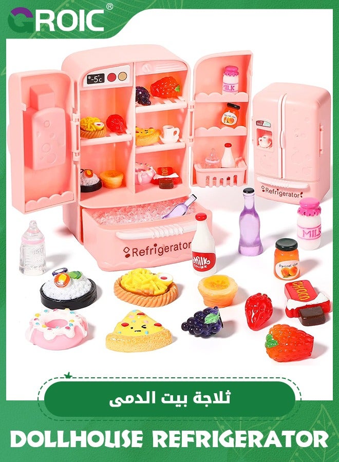 35PCS Dollhouse Refrigerator Mini Fridge Toy with Mini Food Set, Kitchen Furniture Food Toys Dollhouse Miniatures, Decorations Bottles Fruits Desserts for Children
