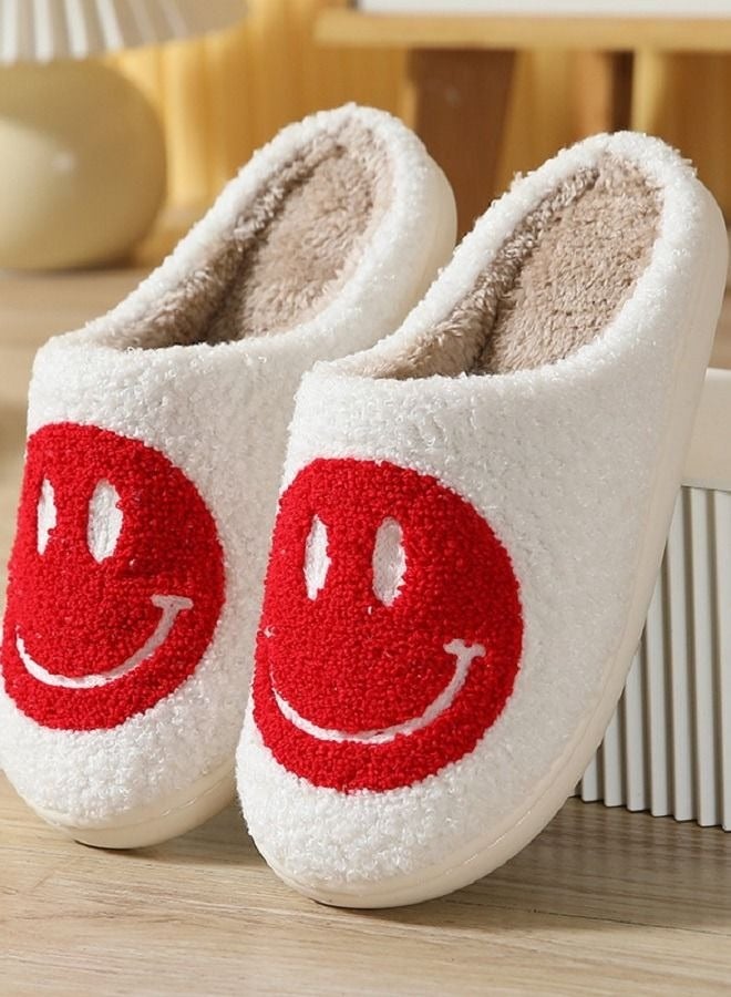 Autumn Winter Warm Smiley Face Designed Bedroom Slippers White/Red for Women/Men