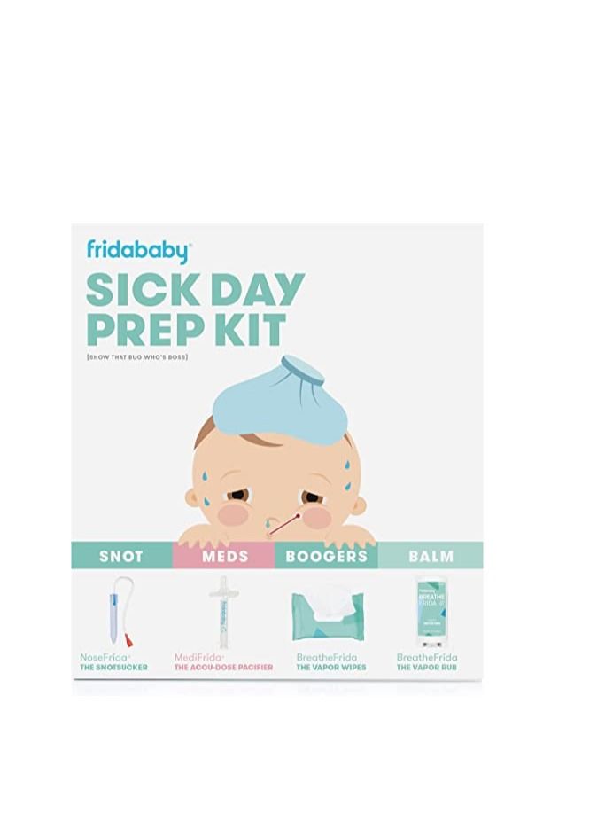 Baby Sick Day Prep Kit by FridaBaby - Includes NoseFrida Nasal Aspirator, MediFrida Pacifier Medicine Dispenser, Breathefrida Vapor Chest Rub + Snot Wipes. Soothe Stuffy Noses for Babies with A Cold