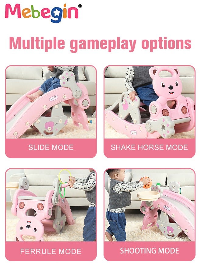 2 in 1 Foldable Slide with Basketball Hoop and Extra Long Slide Slope, Freestanding Baby Slide Climber Playset Toys, Can Transform into Rocking Horse, Indoor and Outdoor Use, 104*36*56cm