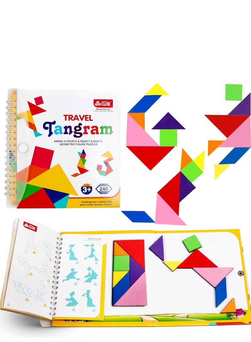 Travel Tangram Puzzle with 2 Sets Magnetic Plate-Montessori Shape Pattern Blocks Jigsaw Road Trip Games with 240 Solution - IQ Book Educational Toy Brain Teaser Gift for Kids Adults Challenge