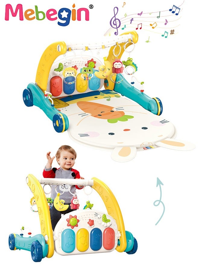 2 in 1 Baby Gym Play Mat and Baby Walker, Baby Activity Center with Music and Light, Tummy Time Mat, Push Toys for Toddler, Detachable Play Piano and Rattles for Newborn Babies Infants Boys Girls