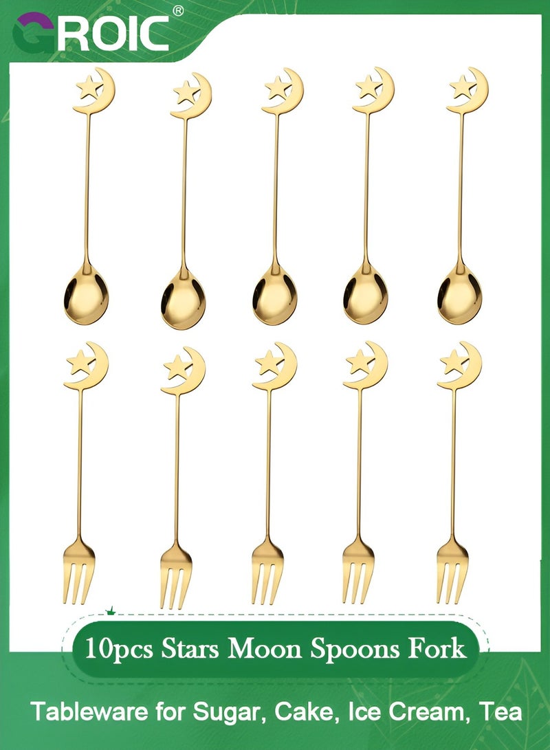 10pcs Stars Moon Spoons Fork, Espresso Spoons Fruit Forks, Stainless Steel Mini Creative Tableware for Sugar, Cake, Ice Cream, Tea, Stirring Mixing Teaspoon Set