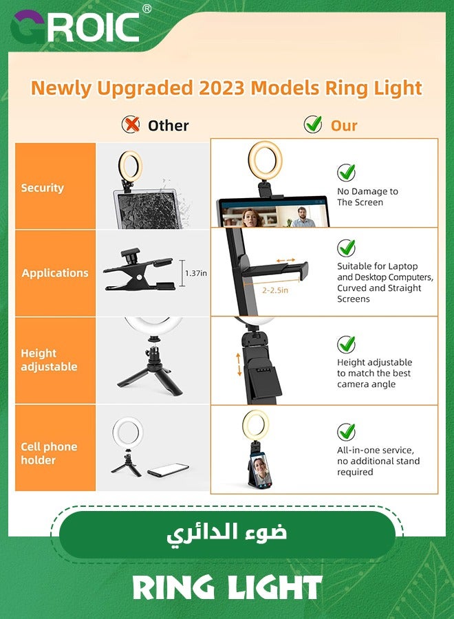 Ring Light for Computer Laptop, Video Conference Lighting kit for Zoom Meetings, Small Led Selfie Light Portable Ring Light with Stand, Cell Phone Holder Desktop Ring Light for Skype Call Black